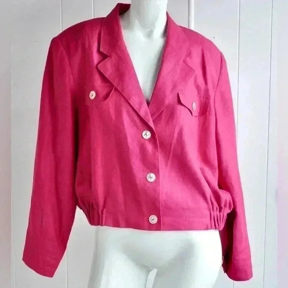 Stephanie Andrews Women’s Vintage Hot Pink Linen Cropped Bomber Jacket US Size 9 - Picture 1 of 13